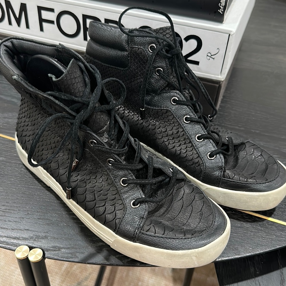 Joie black leather snake print hi top sneakers, great condition! Size 36
